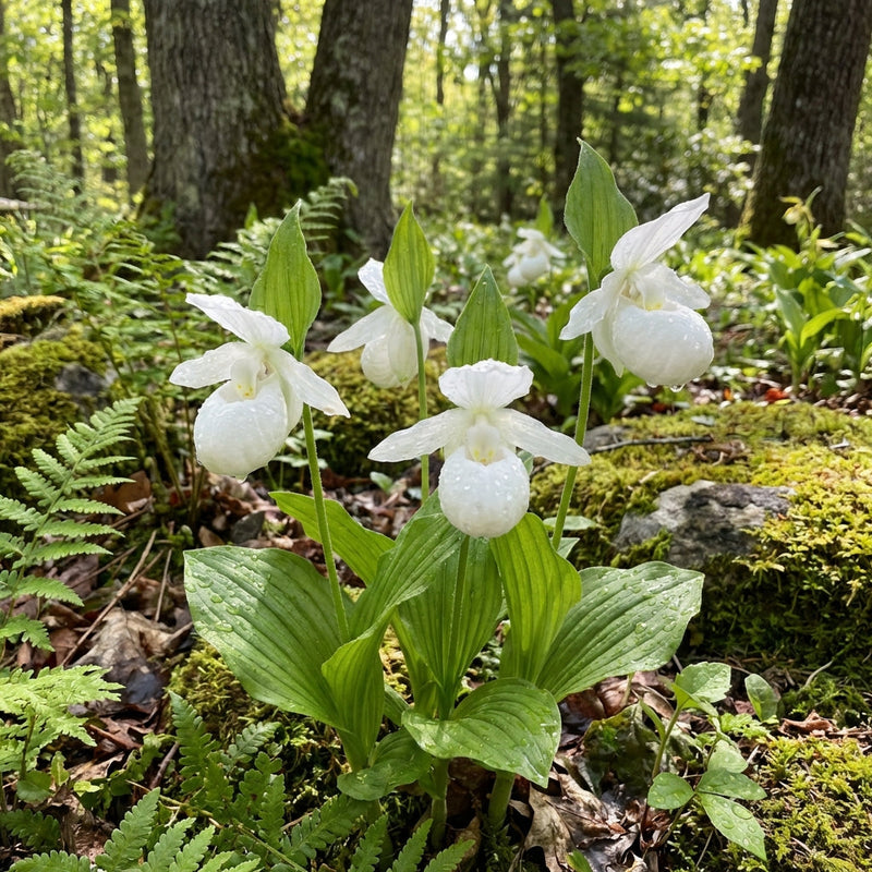Semillas de flores de zapatilla de dama blanca (Cypripedium acaule) – variedad de orquídea de bosque