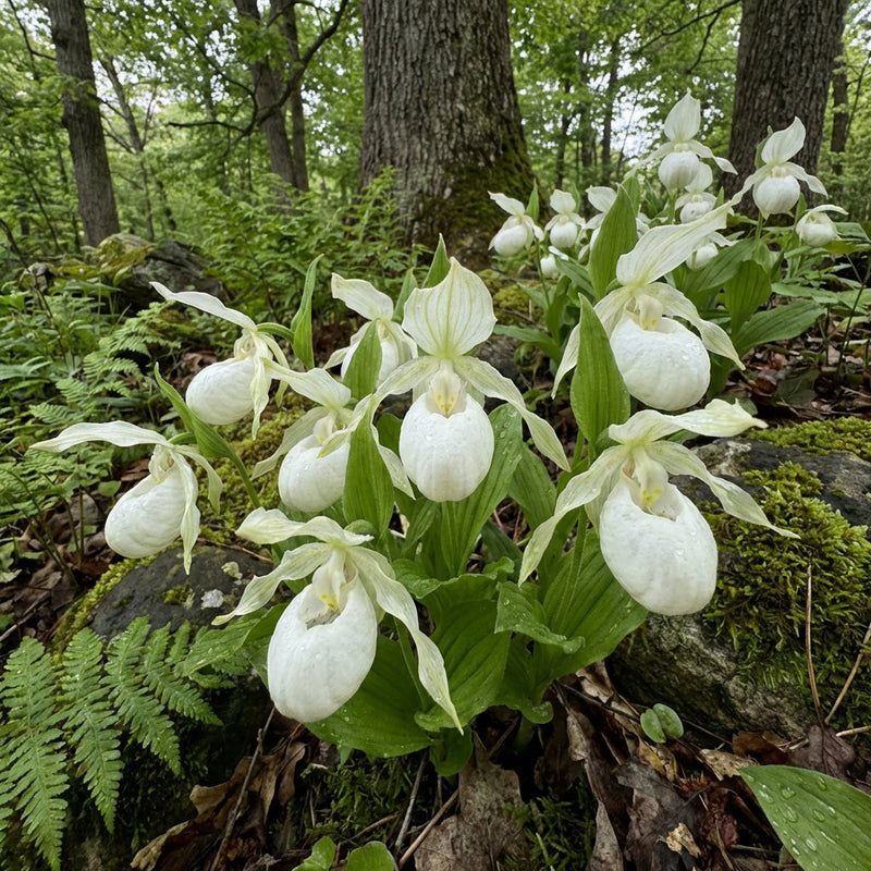 Semillas de flores de zapatilla de dama blanca – orquídea de bosque poco común, elegantes flores primaverales
