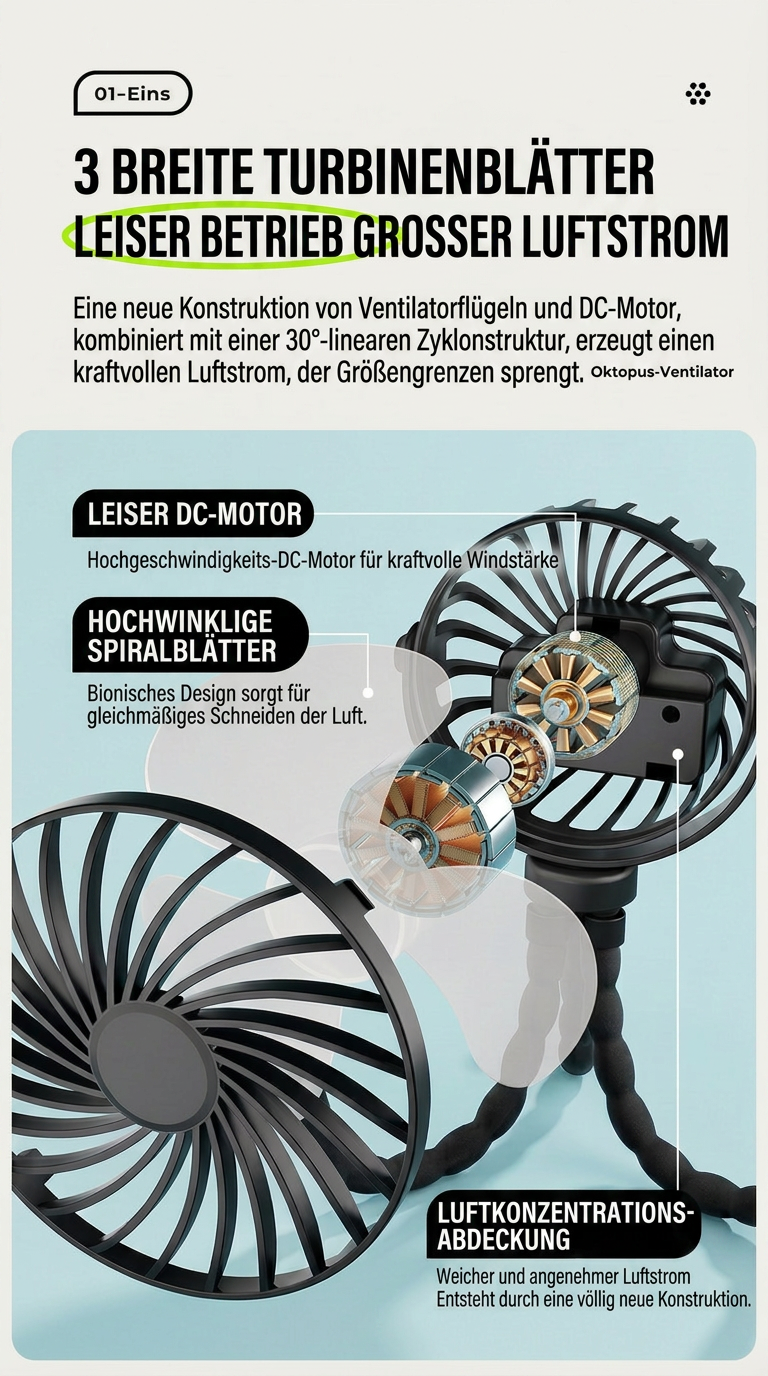 USB Octopus Ventilator für Kinderwagen & Schreibtisch, Tragbarer Mini Ventilator mit Nachtlicht, Handyhalter, 720° Flexarm und 3 Geschwindigkeitsstufen