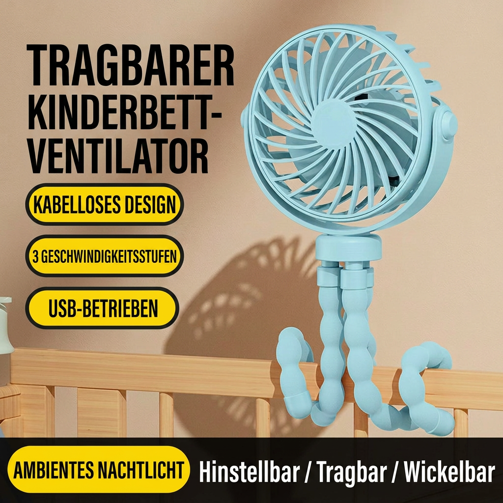 USB Octopus Ventilator für Kinderwagen & Schreibtisch, Tragbarer Mini Ventilator mit Nachtlicht, Handyhalter, 720° Flexarm und 3 Geschwindigkeitsstufen