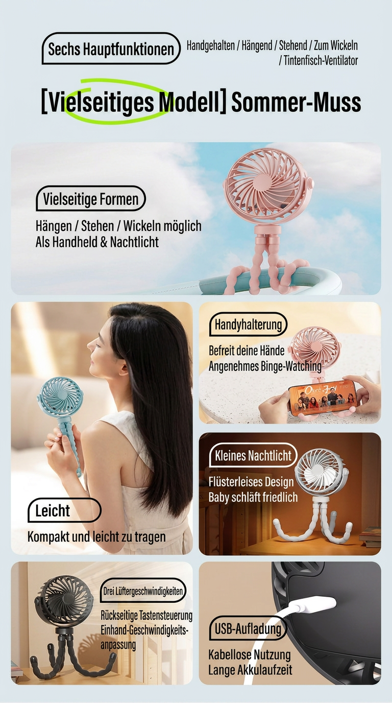 USB Octopus Ventilator für Kinderwagen & Schreibtisch, Tragbarer Mini Ventilator mit Nachtlicht, Handyhalter, 720° Flexarm und 3 Geschwindigkeitsstufen