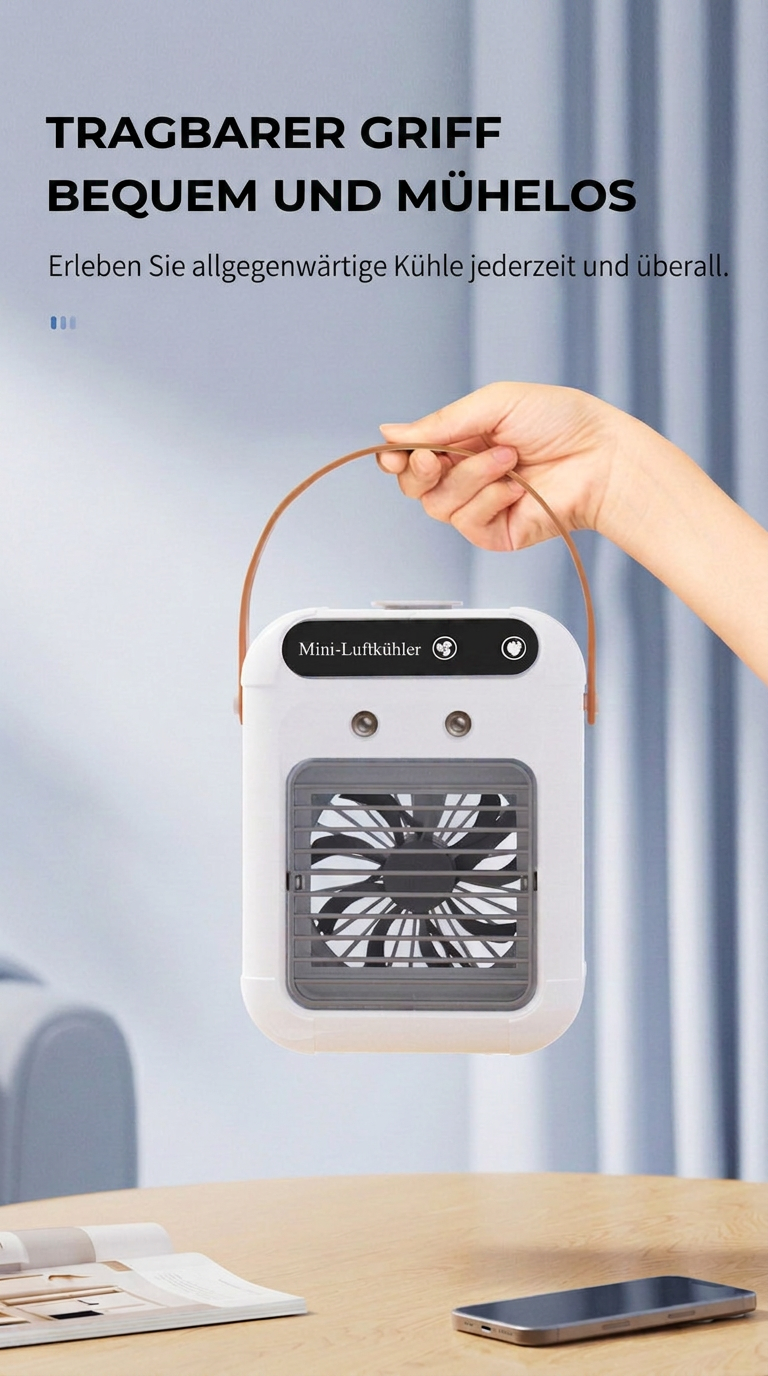Mobiler Mini Luftkühler mit Kühlnebel, Luftbefeuchter und Ventilator, USB Air Cooler für Zuhause, Büro & Schlafzimmer