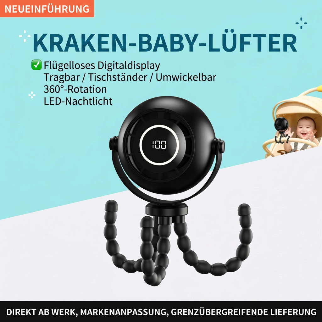 USB Octopus Kinderwagenventilator, Tragbarer Mini Ventilator mit LED-Licht, 5 Geschwindigkeitsstufen und Flexiblem Stativ für Kinderwagen, Schreibtisch & Reisen