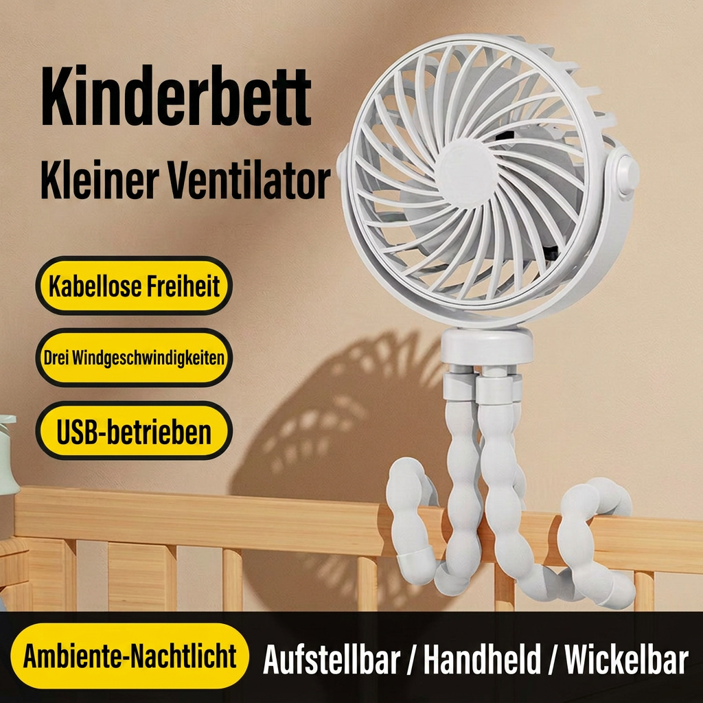 USB Octopus Ventilator für Kinderwagen & Schreibtisch, Tragbarer Mini Ventilator mit Nachtlicht, Handyhalter, 720° Flexarm und 3 Geschwindigkeitsstufen