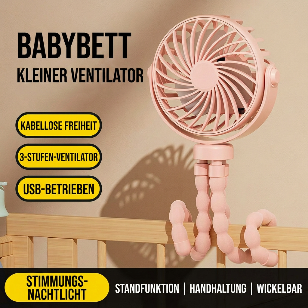 USB Octopus Ventilator für Kinderwagen & Schreibtisch, Tragbarer Mini Ventilator mit Nachtlicht, Handyhalter, 720° Flexarm und 3 Geschwindigkeitsstufen