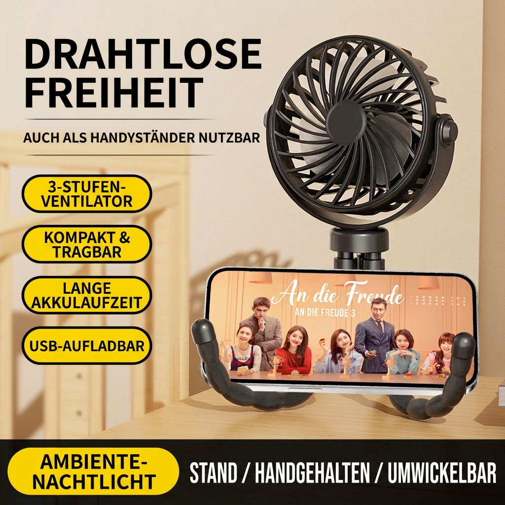 USB Octopus Ventilator für Kinderwagen & Schreibtisch, Tragbarer Mini Ventilator mit Nachtlicht, Handyhalter, 720° Flexarm und 3 Geschwindigkeitsstufen