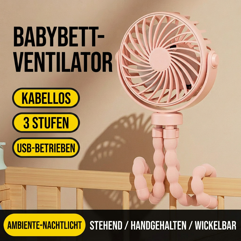 USB Octopus Ventilator für Kinderwagen & Schreibtisch, Tragbarer Mini Ventilator mit Nachtlicht, Handyhalter, 720° Flexarm und 3 Geschwindigkeitsstufen