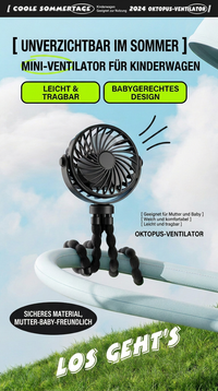 USB Octopus Ventilator für Kinderwagen & Schreibtisch, Tragbarer Mini Ventilator mit Nachtlicht, Handyhalter, 720° Flexarm und 3 Geschwindigkeitsstufen