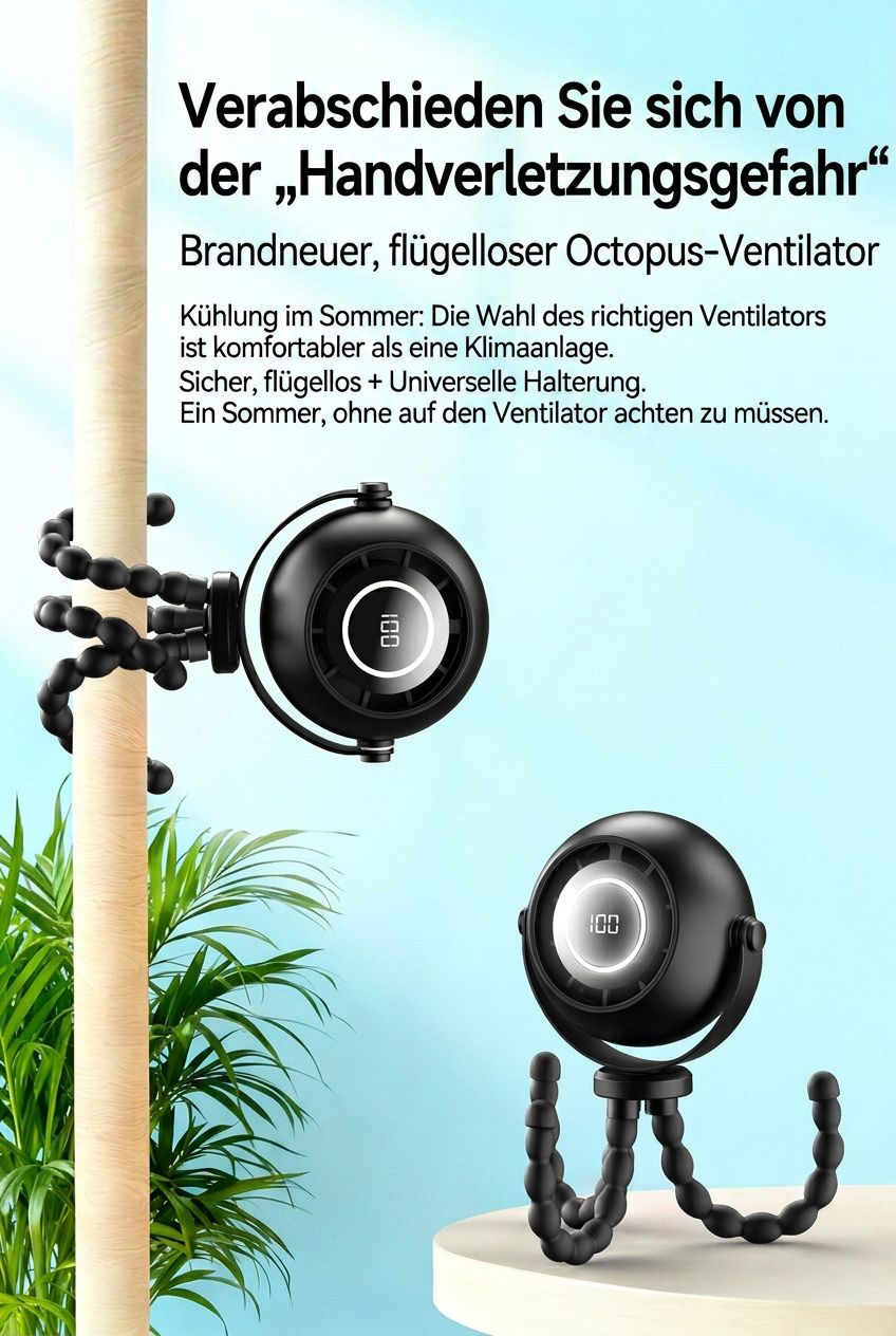 USB Octopus Kinderwagenventilator, Tragbarer Mini Ventilator mit LED-Licht, 5 Geschwindigkeitsstufen und Flexiblem Stativ für Kinderwagen, Schreibtisch & Reisen
