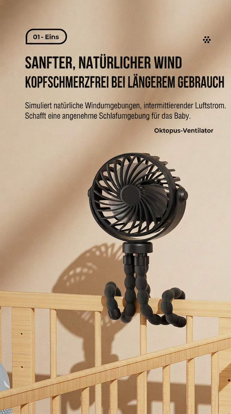 USB Octopus Ventilator für Kinderwagen & Schreibtisch, Tragbarer Mini Ventilator mit Nachtlicht, Handyhalter, 720° Flexarm und 3 Geschwindigkeitsstufen