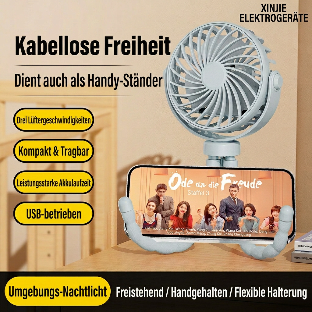USB Octopus Ventilator für Kinderwagen & Schreibtisch, Tragbarer Mini Ventilator mit Nachtlicht, Handyhalter, 720° Flexarm und 3 Geschwindigkeitsstufen