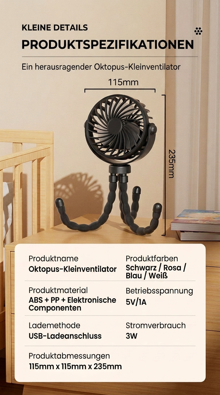 USB Octopus Ventilator für Kinderwagen & Schreibtisch, Tragbarer Mini Ventilator mit Nachtlicht, Handyhalter, 720° Flexarm und 3 Geschwindigkeitsstufen