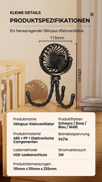 USB Octopus Ventilator für Kinderwagen & Schreibtisch, Tragbarer Mini Ventilator mit Nachtlicht, Handyhalter, 720° Flexarm und 3 Geschwindigkeitsstufen