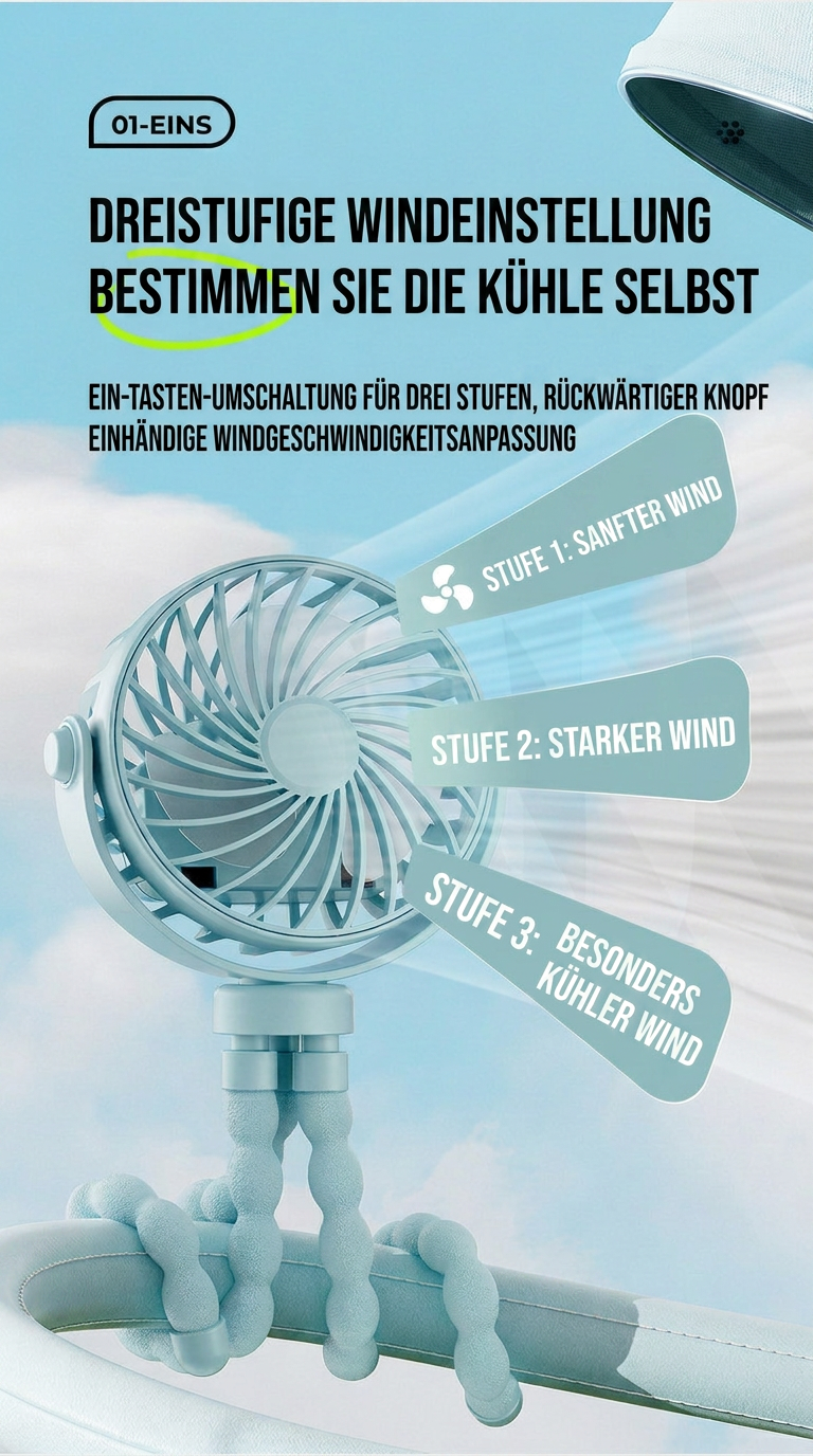 USB Octopus Ventilator für Kinderwagen & Schreibtisch, Tragbarer Mini Ventilator mit Nachtlicht, Handyhalter, 720° Flexarm und 3 Geschwindigkeitsstufen
