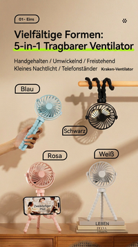 USB Octopus Ventilator für Kinderwagen & Schreibtisch, Tragbarer Mini Ventilator mit Nachtlicht, Handyhalter, 720° Flexarm und 3 Geschwindigkeitsstufen