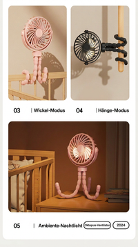 USB Octopus Ventilator für Kinderwagen & Schreibtisch, Tragbarer Mini Ventilator mit Nachtlicht, Handyhalter, 720° Flexarm und 3 Geschwindigkeitsstufen