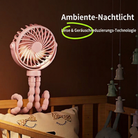 USB Octopus Ventilator für Kinderwagen & Schreibtisch, Tragbarer Mini Ventilator mit Nachtlicht, Handyhalter, 720° Flexarm und 3 Geschwindigkeitsstufen