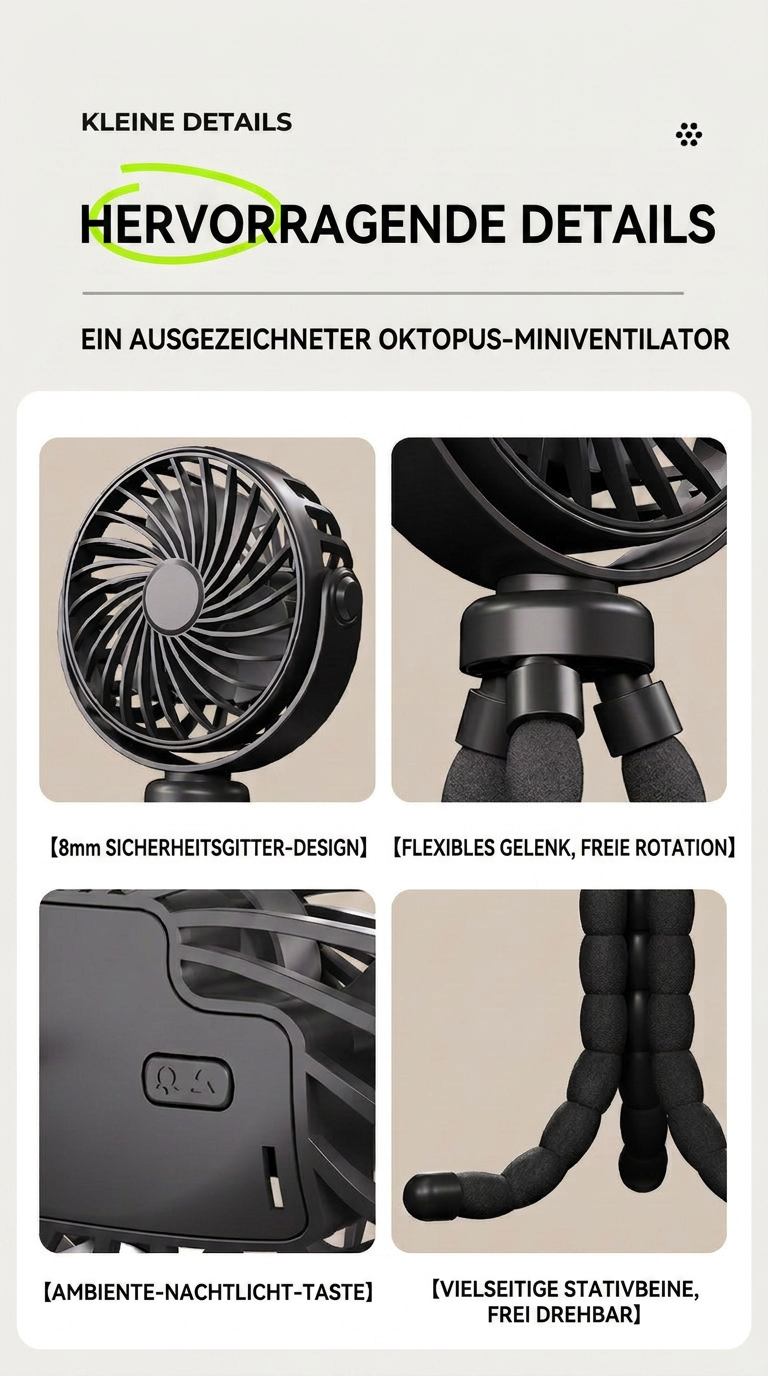 USB Octopus Ventilator für Kinderwagen & Schreibtisch, Tragbarer Mini Ventilator mit Nachtlicht, Handyhalter, 720° Flexarm und 3 Geschwindigkeitsstufen