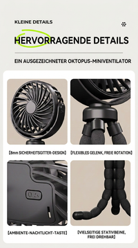 USB Octopus Ventilator für Kinderwagen & Schreibtisch, Tragbarer Mini Ventilator mit Nachtlicht, Handyhalter, 720° Flexarm und 3 Geschwindigkeitsstufen