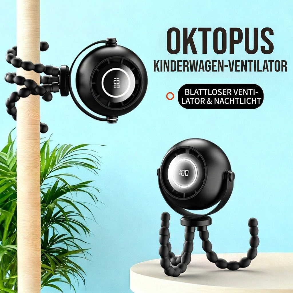 USB Octopus Kinderwagenventilator, Tragbarer Mini Ventilator mit LED-Licht, 5 Geschwindigkeitsstufen und Flexiblem Stativ für Kinderwagen, Schreibtisch & Reisen