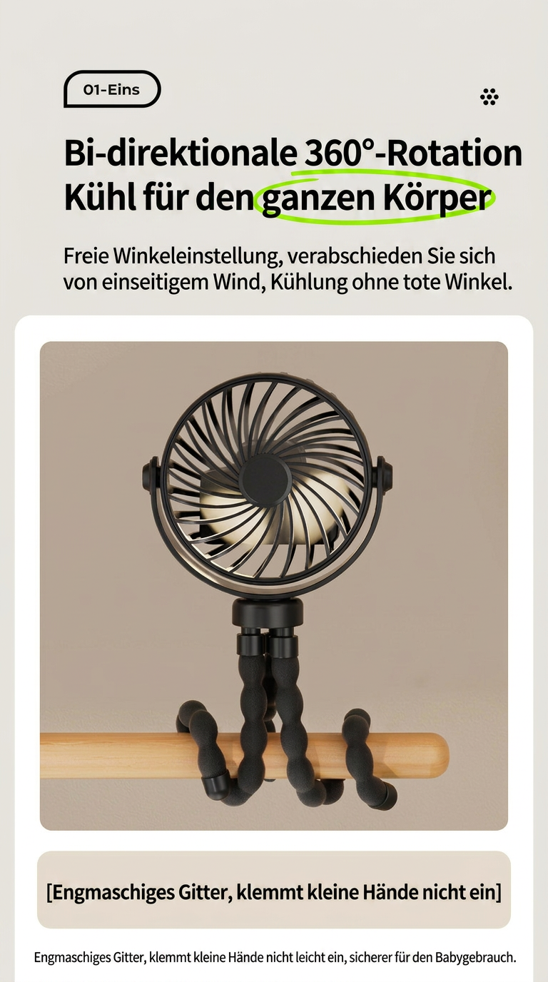 USB Octopus Ventilator für Kinderwagen & Schreibtisch, Tragbarer Mini Ventilator mit Nachtlicht, Handyhalter, 720° Flexarm und 3 Geschwindigkeitsstufen