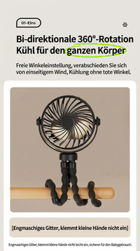 USB Octopus Ventilator für Kinderwagen & Schreibtisch, Tragbarer Mini Ventilator mit Nachtlicht, Handyhalter, 720° Flexarm und 3 Geschwindigkeitsstufen