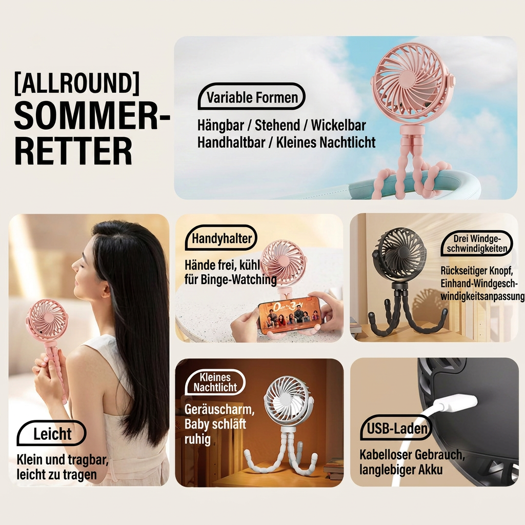 USB Octopus Ventilator für Kinderwagen & Schreibtisch, Tragbarer Mini Ventilator mit Nachtlicht, Handyhalter, 720° Flexarm und 3 Geschwindigkeitsstufen
