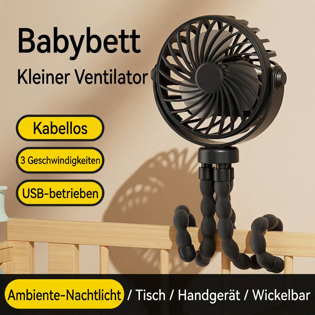 USB Octopus Ventilator für Kinderwagen & Schreibtisch, Tragbarer Mini Ventilator mit Nachtlicht, Handyhalter, 720° Flexarm und 3 Geschwindigkeitsstufen