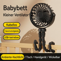 USB Octopus Ventilator für Kinderwagen & Schreibtisch, Tragbarer Mini Ventilator mit Nachtlicht, Handyhalter, 720° Flexarm und 3 Geschwindigkeitsstufen