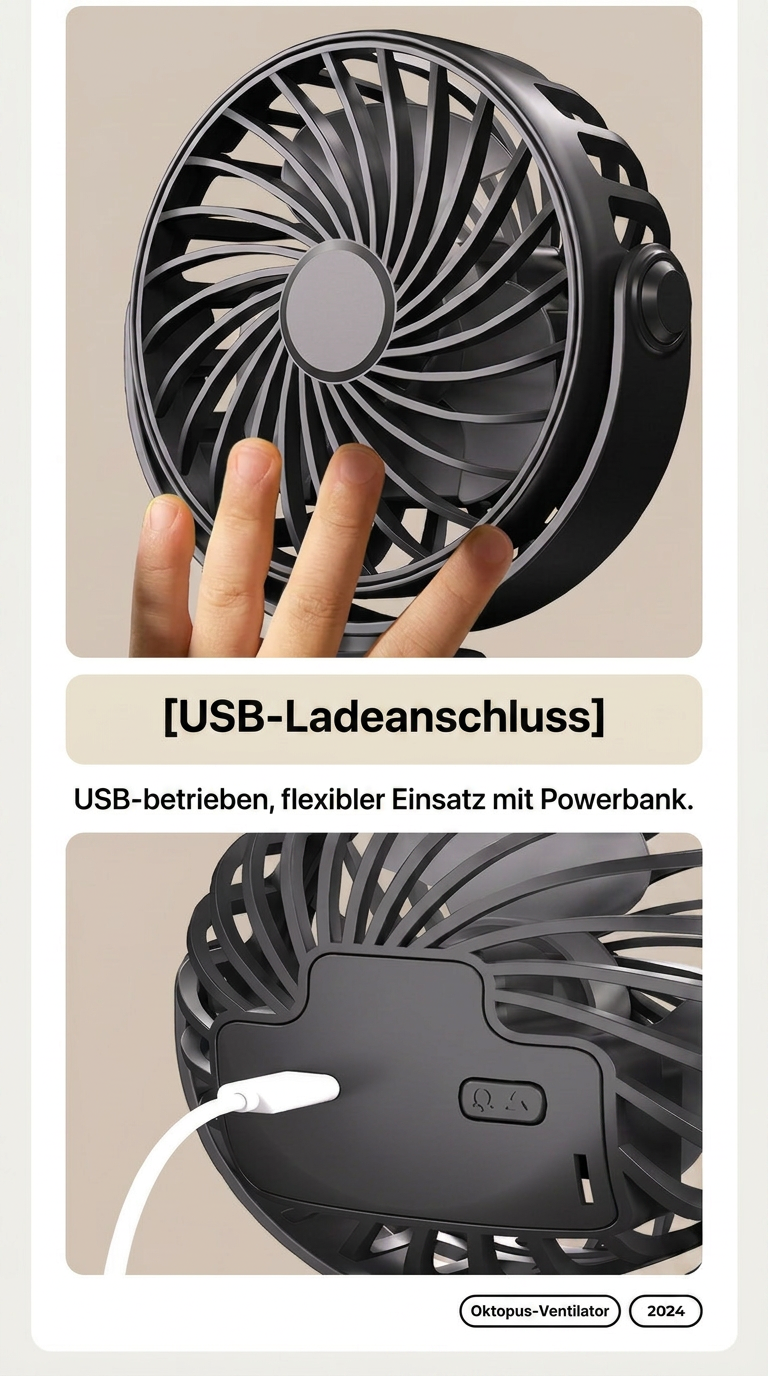 USB Octopus Ventilator für Kinderwagen & Schreibtisch, Tragbarer Mini Ventilator mit Nachtlicht, Handyhalter, 720° Flexarm und 3 Geschwindigkeitsstufen