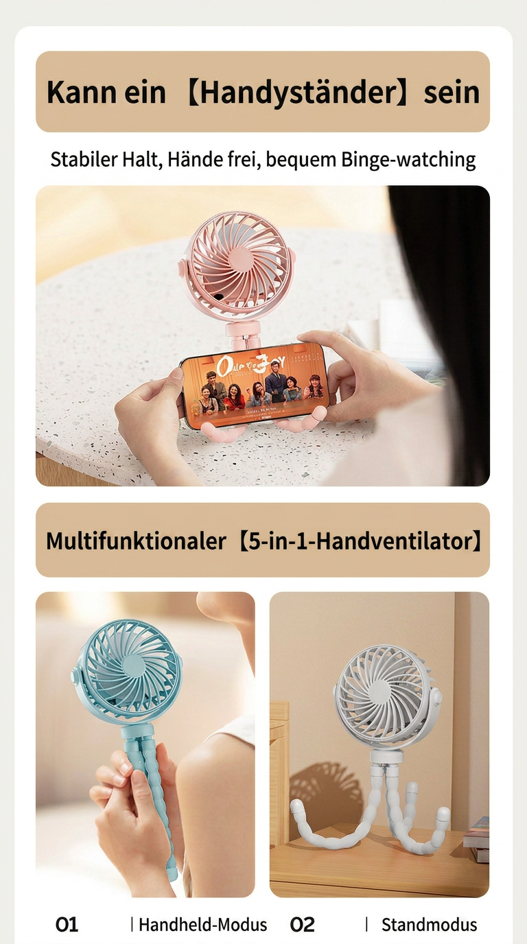 USB Octopus Ventilator für Kinderwagen & Schreibtisch, Tragbarer Mini Ventilator mit Nachtlicht, Handyhalter, 720° Flexarm und 3 Geschwindigkeitsstufen