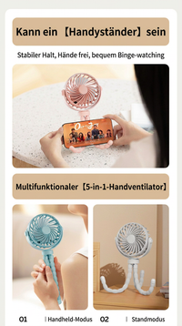 USB Octopus Ventilator für Kinderwagen & Schreibtisch, Tragbarer Mini Ventilator mit Nachtlicht, Handyhalter, 720° Flexarm und 3 Geschwindigkeitsstufen