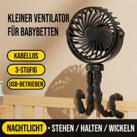 USB Octopus Ventilator für Kinderwagen & Schreibtisch, Tragbarer Mini Ventilator mit Nachtlicht, Handyhalter, 720° Flexarm und 3 Geschwindigkeitsstufen