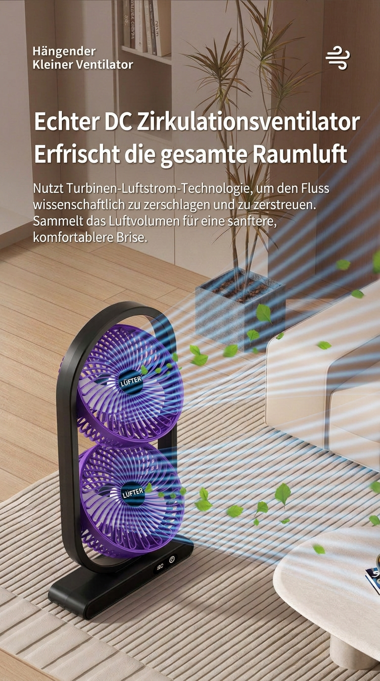 USB Dual-Kopf Schreibtischventilator mit Digitalanzeige, Wiederaufladbarer Vertikalventilator mit 5 Geschwindigkeitsstufen für Zuhause, Büro & Camping