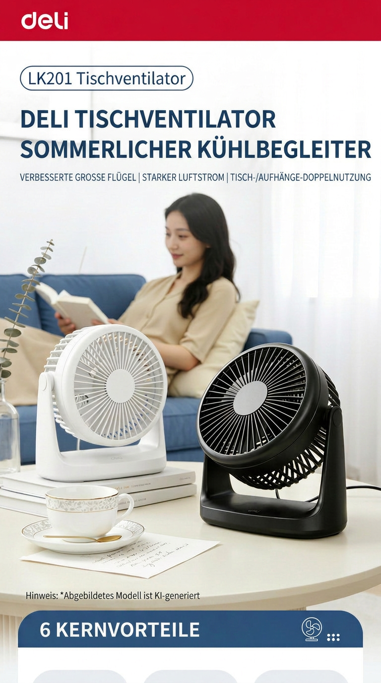 Deli USB Schreibtischventilator, Leiser Mini Tischventilator mit 360° Drehung, 2 Geschwindigkeitsstufen für Büro, Schlafzimmer, Studentenwohnheim & Schreibtisch