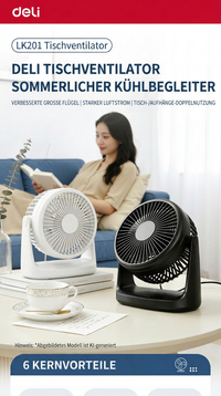 Deli USB Schreibtischventilator, Leiser Mini Tischventilator mit 360° Drehung, 2 Geschwindigkeitsstufen für Büro, Schlafzimmer, Studentenwohnheim & Schreibtisch
