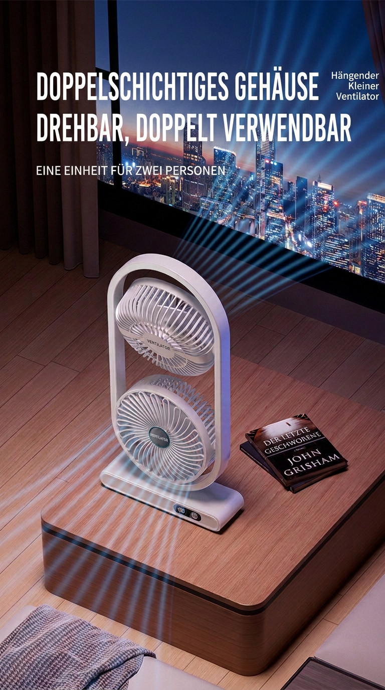 USB Dual-Kopf Schreibtischventilator mit Digitalanzeige, Wiederaufladbarer Vertikalventilator mit 5 Geschwindigkeitsstufen für Zuhause, Büro & Camping