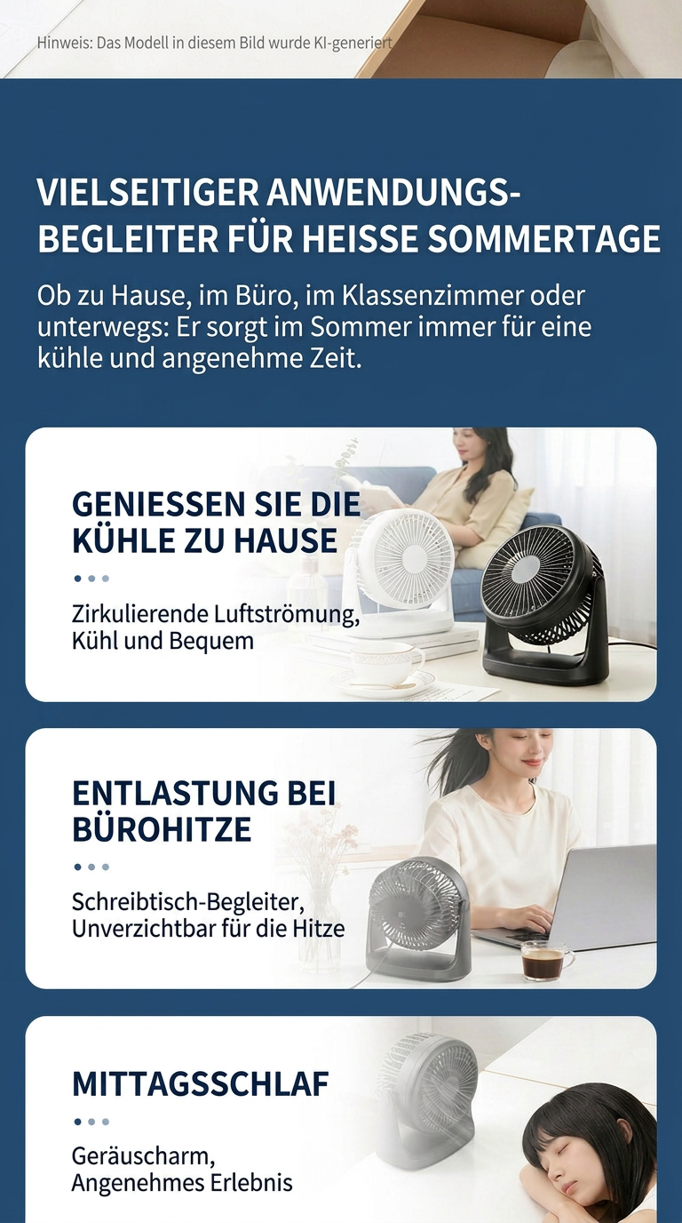 Deli USB Schreibtischventilator, Leiser Mini Tischventilator mit 360° Drehung, 2 Geschwindigkeitsstufen für Büro, Schlafzimmer, Studentenwohnheim & Schreibtisch