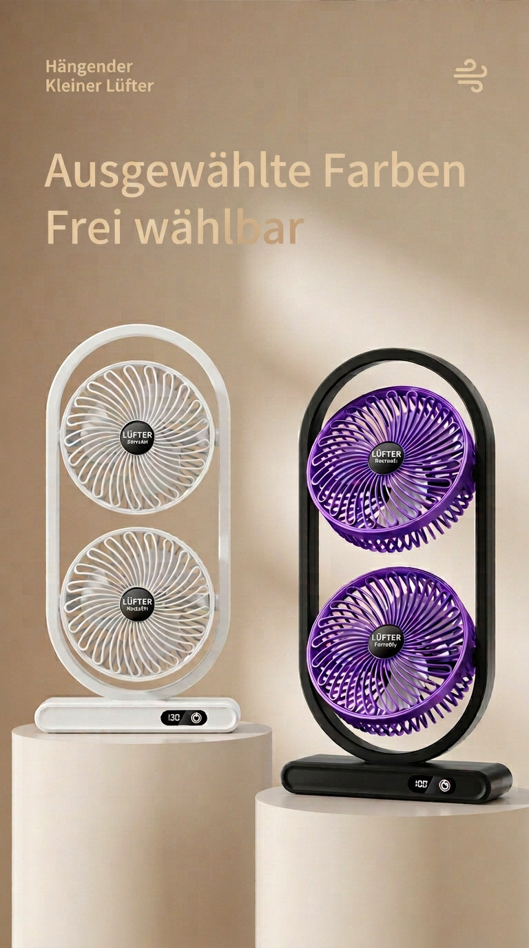 USB Dual-Kopf Schreibtischventilator mit Digitalanzeige, Wiederaufladbarer Vertikalventilator mit 5 Geschwindigkeitsstufen für Zuhause, Büro & Camping