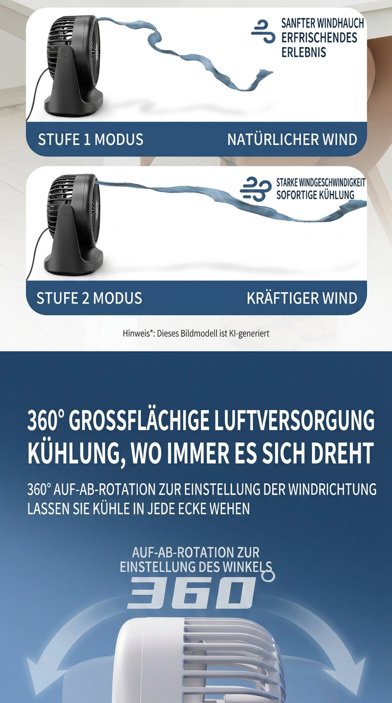 Deli USB Schreibtischventilator, Leiser Mini Tischventilator mit 360° Drehung, 2 Geschwindigkeitsstufen für Büro, Schlafzimmer, Studentenwohnheim & Schreibtisch