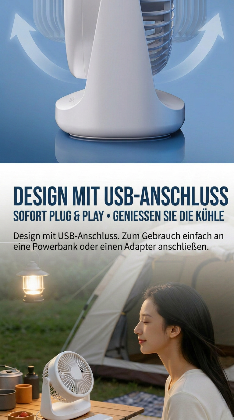 Deli USB Schreibtischventilator, Leiser Mini Tischventilator mit 360° Drehung, 2 Geschwindigkeitsstufen für Büro, Schlafzimmer, Studentenwohnheim & Schreibtisch