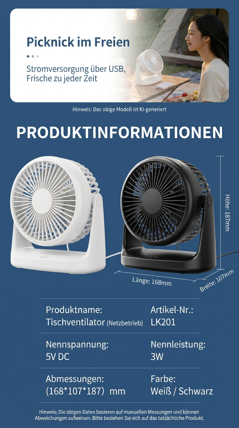 Deli USB Schreibtischventilator, Leiser Mini Tischventilator mit 360° Drehung, 2 Geschwindigkeitsstufen für Büro, Schlafzimmer, Studentenwohnheim & Schreibtisch