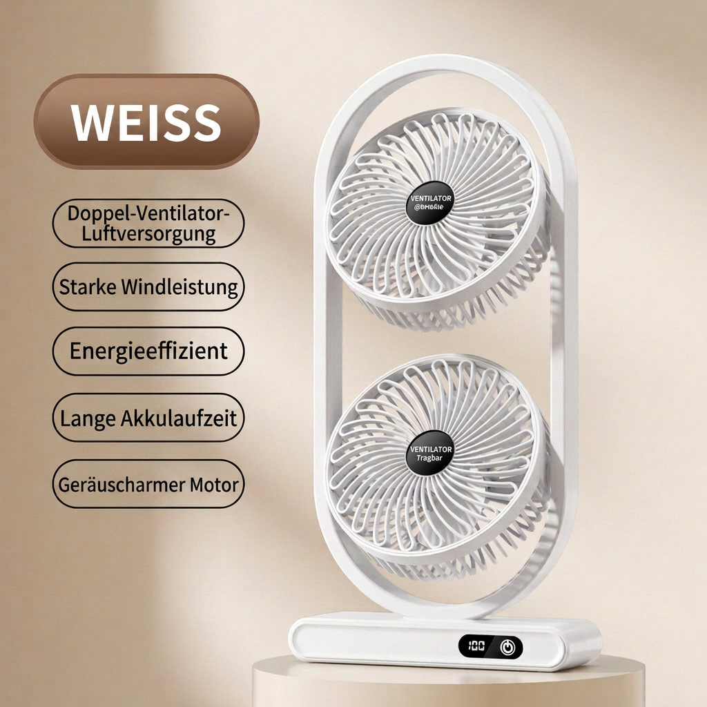 USB Dual-Kopf Schreibtischventilator mit Digitalanzeige, Wiederaufladbarer Vertikalventilator mit 5 Geschwindigkeitsstufen für Zuhause, Büro & Camping