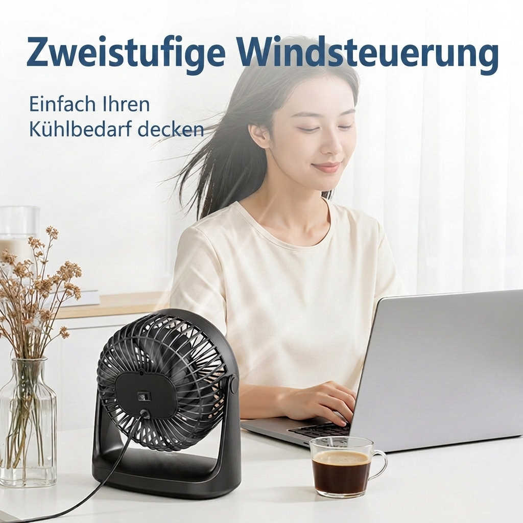 Deli USB Schreibtischventilator, Leiser Mini Tischventilator mit 360° Drehung, 2 Geschwindigkeitsstufen für Büro, Schlafzimmer, Studentenwohnheim & Schreibtisch