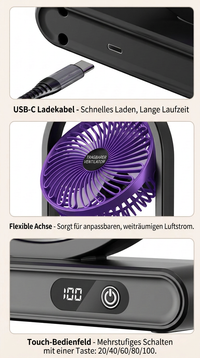 USB Dual-Kopf Schreibtischventilator mit Digitalanzeige, Wiederaufladbarer Vertikalventilator mit 5 Geschwindigkeitsstufen für Zuhause, Büro & Camping