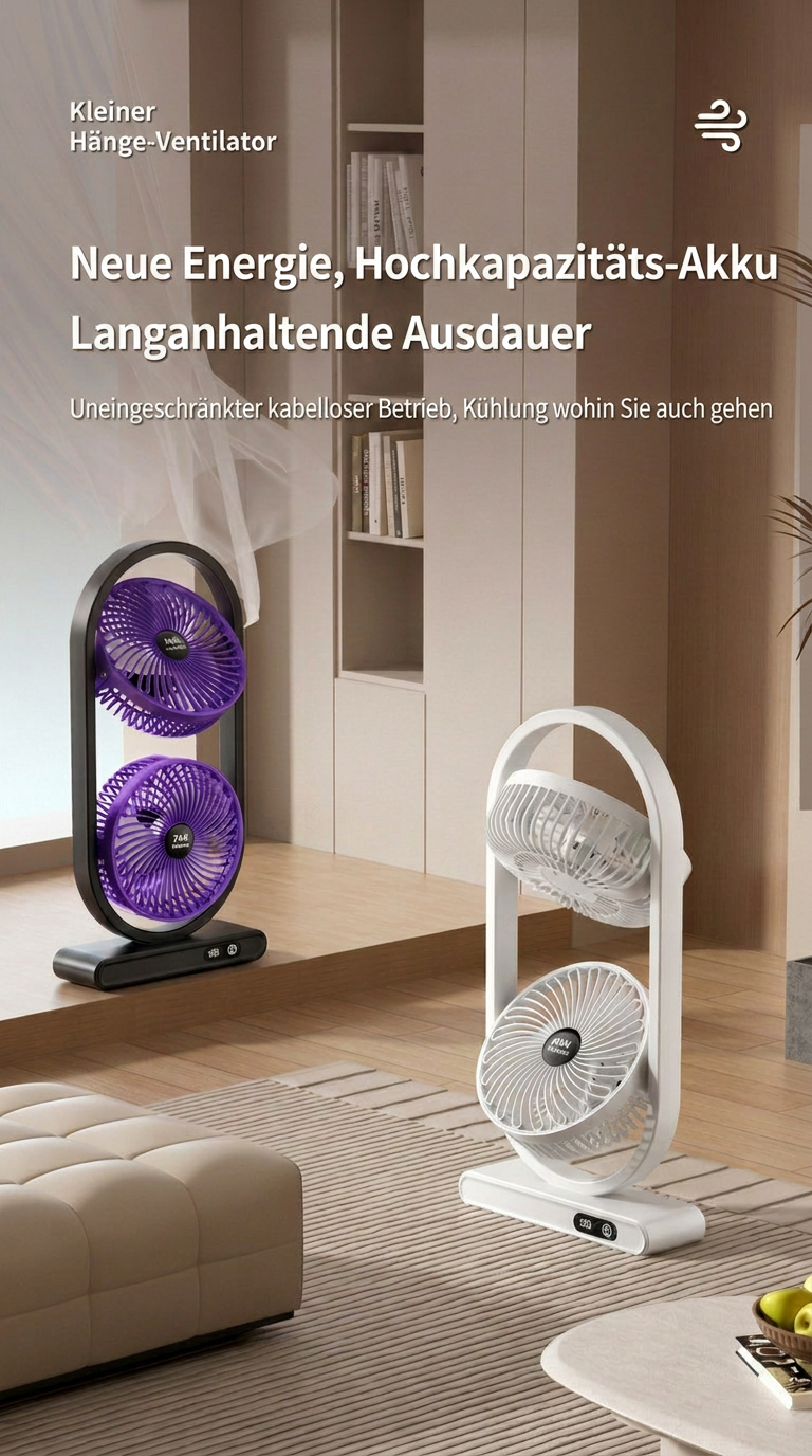 USB Dual-Kopf Schreibtischventilator mit Digitalanzeige, Wiederaufladbarer Vertikalventilator mit 5 Geschwindigkeitsstufen für Zuhause, Büro & Camping