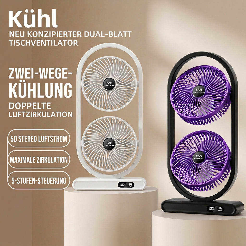 USB Dual-Kopf Schreibtischventilator mit Digitalanzeige, Wiederaufladbarer Vertikalventilator mit 5 Geschwindigkeitsstufen für Zuhause, Büro & Camping