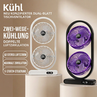 USB Dual-Kopf Schreibtischventilator mit Digitalanzeige, Wiederaufladbarer Vertikalventilator mit 5 Geschwindigkeitsstufen für Zuhause, Büro & Camping