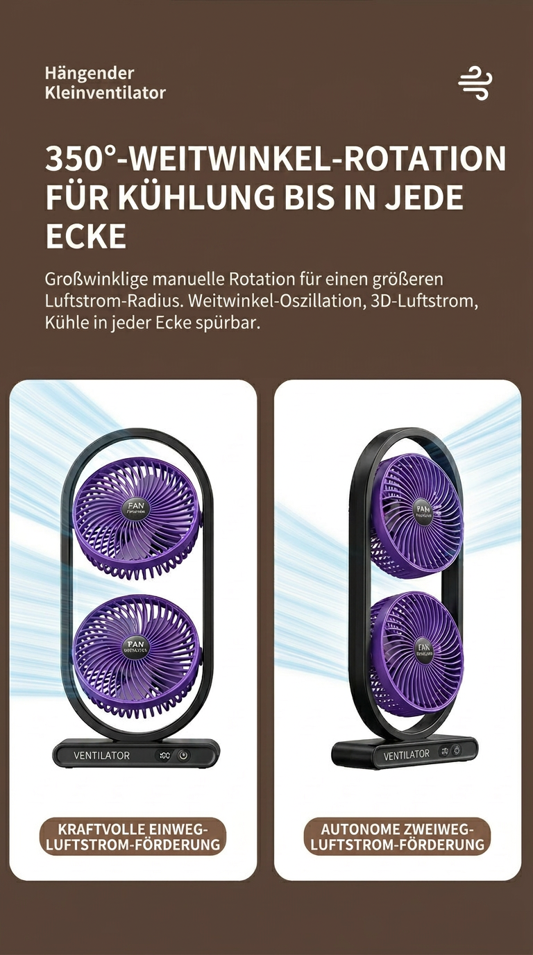 USB Dual-Kopf Schreibtischventilator mit Digitalanzeige, Wiederaufladbarer Vertikalventilator mit 5 Geschwindigkeitsstufen für Zuhause, Büro & Camping