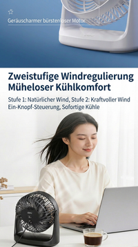 Deli USB Schreibtischventilator, Leiser Mini Tischventilator mit 360° Drehung, 2 Geschwindigkeitsstufen für Büro, Schlafzimmer, Studentenwohnheim & Schreibtisch